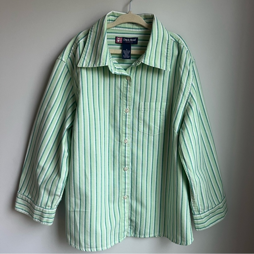 Duck Head Green Button Down Shirt Kids Shirt with Vertical Stripes